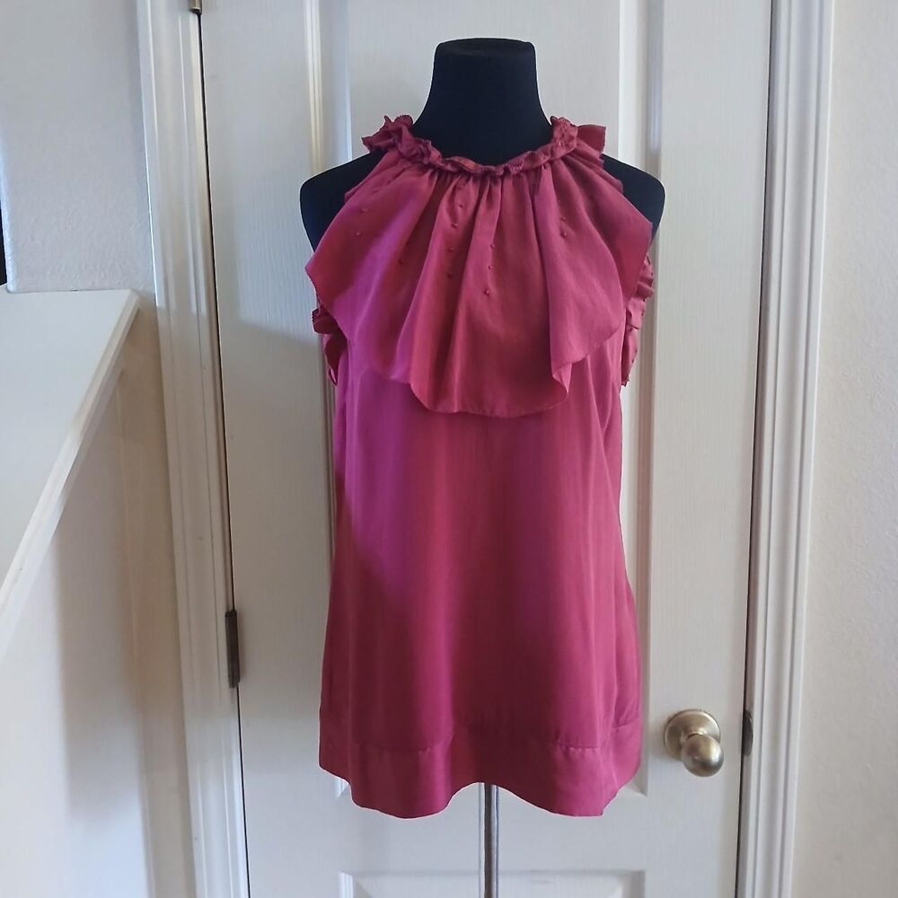 MM Couture by Miss Me 100% Silk Sleeveless Ruffle Neck Blouse Coquette Whimsical